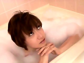Akina Hara in a warm bath give a japan blowjob
